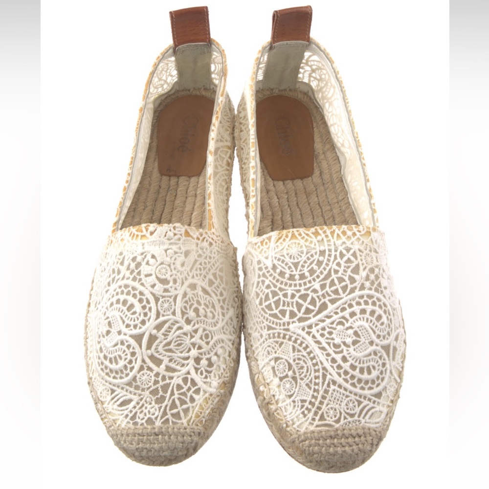Chloe Cream Lace Espadrille Flats with Brown Heel Tabs
